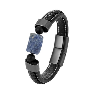 Natural Blue Stone Men Stainless Steel Leather Bracelet