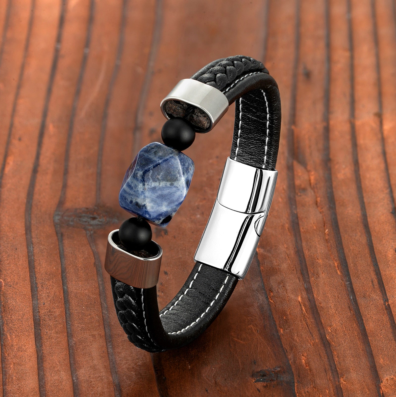 Natural Blue Stone Men Stainless Steel Leather Bracelet