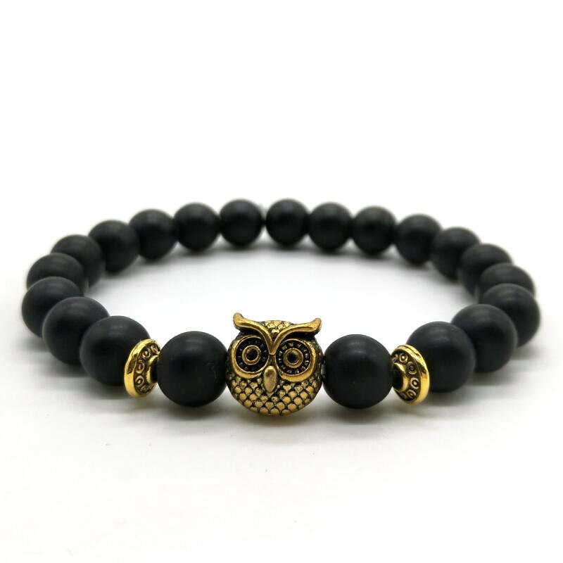 Volcanic Owl Silver or Gold and Lava Stone Bead Bracelet