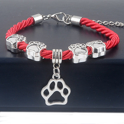 Hand-Woven Rope and Chain Dog Paw Charm Bracelet