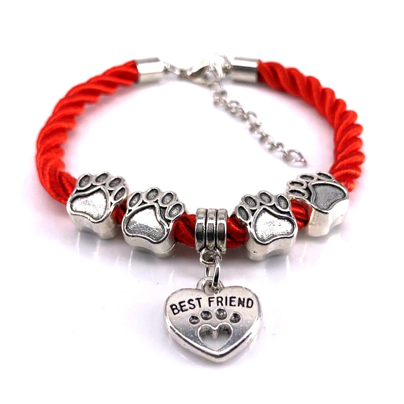 Hand-Woven Rope and Chain Dog Paw Charm Bracelet